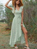Zjkrl Summer Elegant Floral Long Dress Women Casual Bandage Irregular Slit Boho Beach Dress Fashion Green V Neck New In Dresses 2023
