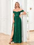 Zjkrl - 2023 Women Green Sexy Off-shoulder Sequin Dress Elegant Evening Dress Party Maxi Dress Split Ladies Trailing Dresses