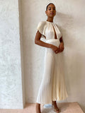 Zjkrl - 2023 Elegant Hollow Out Pleated Dress For Women Fashion Sexy Flare Sleeve Backless A Line Dresses O Neck Office Lady Solid Robe