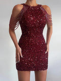 Zjkrl 2023 Sexy Sleeveless Off Shoulder Skinny Dress Fashion Mini High Waist Party Dress for Women Elegant Halter Chain Sequin Dress