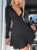 Zjkrl Polka Dot Print Lace Trim Ruched Dress Women Sexy Plunge Long Sleeve Flared Mini Dress