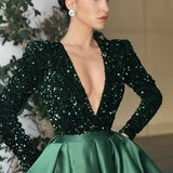 Sexy Deep V Sequins Long Sleeve Prom Dress New Fashion Patchwork High Split Pleated Party Dress 2023 Women Elegant Evening Dress