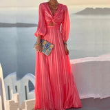 Zjkrl Sexy Deep V Neck Draped Satin Party Dress Women Spring Solid Hem Pleated Long Dress Autumn Long Sleeve Maxi Beach Dress Vestidos