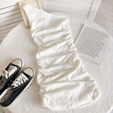 Summer Girls Dress Toddler Dress Baby Hip Dress Kids Vestidos Children Clothes Rib Knit Single Shoulder Side Pleated 4-13Y