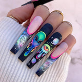Zjkrl - 24Pcs Full Cover False Nails Red Rhinestone Planet Long Ballerina Coffin Nail Tips Detachable Fake Nails Press on Nails Manicure