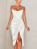 Midi Satin Dress Split Adjustable Strap Ruched Cowl Neck Asymmetrical Zipper Party Dress Elegant Sexy Woman Dresses