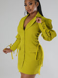 Zjkrl Women Eyelet Lace Up Lantern Long Sleeve Single Breasted Lapel Neck Blazer Style Midi Dress for Winter Autumn Ins Tops