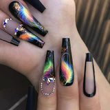 Zjkrl - 24Pcs Full Cover False Nails Red Rhinestone Planet Long Ballerina Coffin Nail Tips Detachable Fake Nails Press on Nails Manicure
