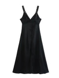 New Women Black Lace Patchwork Sling Dress Zipper Backless Ladies Party Sexy Dress Midi Vestido