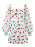 Zjkrl - 2023 Women French Style Rose Flower Print Satin Dress Vintage Puff Long Sleeve Ladies Holiday Mini Robe