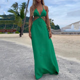 Women Maxi Dress Summer Sexy Casual Halter Sleeveless Backless Hollow Out Solid Lace Up V Neck Open Waist Beach Dresses