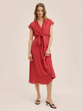 Women Vintage Front Bow Bandage A-line Party Dress Sexy Deep V neck Solid High Street Casual Dress Summer New Fashion