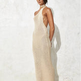 Zjkrl - Fashion Women's Dresses Solid Color Sexy One Shoulder Halter Bandage Backless Knitted Long Dress