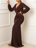 Zjkrl - Elegant Evening Dresses Long Patry Gown Sexy Deep V Long Sleeve Mermaid Bodycon Split Maxi Robe Femme