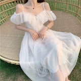Women Sexy Mesh V Neck Lace Up Sweet Kawaii Japanese Fairy Party Elegant Dresses Summer Fashion Ruffle White Short Sleeve Dress