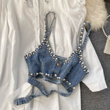 Zjkrl 2023 New High-End White Shirt Dress Female Lapel Diamond Pearl Luxury Shirt Short Denim Vest Chic Two Piece Sets Female Fashion