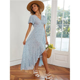 Zjkrl - 2023 New Boho Wrap Dress V-neck Flying Sleeve Maxi Dress Mujer Printing Sweet Long Dresses Chic Vestidos Ruffled Bandage Dress