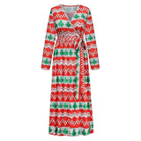 Women Maxi Dress Autumn Fashion Christmas Festival Print Long Sleeve V Neck Lace Up Slim Party Dresses High Streetwear