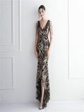 Zjkrl - Elegant Women Beading Sleeve Long Prom Mermaid Dress Sexy Deep V Neck Sequin Evening Party Maxi Dress