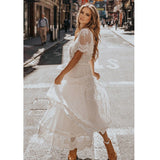 Zjkrl - Happie Queens Women Solid Short Sleeve Beach Sexy Lace Bohemian Maxi Dress Ladies V-neck Boho Sundress Vestidos