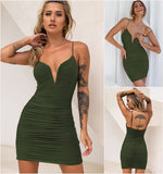 Spaghetti Strap Ruched Dress Women 2023 Spring Sexy Slim Elegant Clubwear Solid Sleeveless Backless Sheath Dress Female
