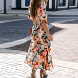 Zjkrl - 2023 Spring New Chiffon Dress V Collar Raglan Sleeve Beach Vestidos Boho Floral Printed Split Maxi Dress Mujer Robe Femme été