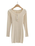Zjkrl - Women Fashion Slim-fit Solid Mini Dress Vintage O-Neck Long Sleeves Single Breasted Female Chic Lady Dresses