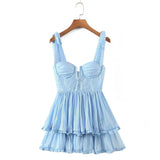 Zjkrl - Fashion Women Spaghetti Strap Ruffle Cake Chiffon Dress Sexy Ladies Floral Print Holiday Party Mini Dress Summer Robe