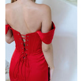 New Summer Dresses Women'S Suspenders Short-sleeved Solid Color Dress One-word Neck Halter Fishbone Slit Red Sexy Dress