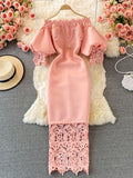Sexy Hollow Out Lace Bodycon Long Dress Women Elegant Red/Pink/White Off Shoulder Patchwork Maxi Party Vestidos Autumn New