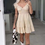 V Neck Elastic Beige Cotton Summer Dress Short A-line Solid Cute Short Sleeve Dress Vestido New White Dress