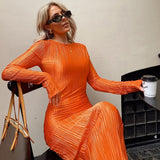 Zjkrl Women Fashion Long Sleeve Streetwear Bodycon Orange Midi Dress Autumn Clothes Wholesale Items For Business