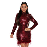 Zjkrl - Fashion Sexy Bodycon Birthday Party Dress for Women 2023 Spring Long Sleeve Feather Sequins Short Evening Dresses Black Red