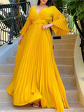 Zjkrl Sexy V-Neck Pleated Dinner Party Dress Women Yellow Elegant  with Belt Long Sleeve Robe Femme African Maxi Red Vestido