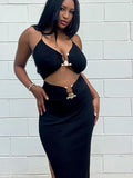 Zjkrl - 2023 Summer Cut Out Long Dress Black Sleeveless Women Metal Sexy Backless Halter Neck Maxi Dresses Party Club Clothes