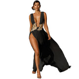 Zjkrl Women Evening Party Dress Vestidos Long Maxi Dress Sexy Summer Deep V Neck Backless Dress High Slit Fashion Festival