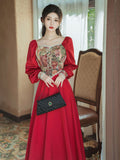 Vintage Victorian Style Red Dresses Woman Retro Cottage Jacquard Floral Lantern Sleeve Bandage Princess Dresses Vestido Festa