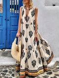 Printed Deep V Neck Loose Summer Beach Dress Fashion Boho Strap Draped Long Dress Women Casual Sleeveless Party Dresses New