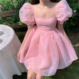 Sweet Dresses Women New Korean Puff Short Sleeve Mesh Patchwork Square Collar Ball Gown Dress Female Fashion Party