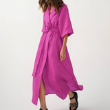 Zjkrl - Cotton Linen Long Wrap Summer Dresses Woman Belt Lace Up Notched Office Women Dress A-Line Elegant Slit Dress Robe Femme