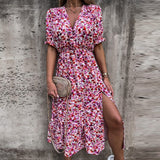 Vintage Floral Print Dresses Women Summer Sexy V Neck Side Slit Elegant Long Dress Female Casual Short Sleeve Button Party Dress