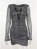 Zjkrl Elegant Long Sleeve Bodycon Mini Dress For Women Deep V Neck Sexy Ruched Party Club Evening Dresses Autumn Female Clothes