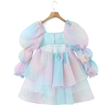 Zjkrl - 2023 Women Gradient Rainbow Print Organza Dress Vintage Puff Sleeve Sexy Backless Ladies Party Mini Robe Fairy Cake Dress