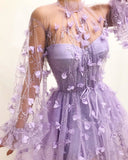 Zjkrl Women&#39;s Fashion 3D Flower Embroidered Mesh Tulle Dress Party Night Nightclub Purple Gauze Evening Prom Dress Female See Through