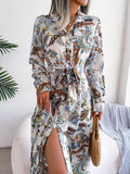 Zjkrl - 2023 Spring Summer Skinny Long Dress Elegant Vintage Print Shirt Casual Lapel Button Slit Lace Up Long Sleeve Maxi Vestidos