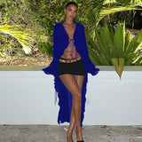 Summer Black Sheer Mesh Beach Dress Women Elegant Sexy Lace-Up Cardigan Slim Maxi Dress Long Sleeve Holidays Party Dresses 2023