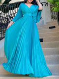 Zjkrl Sexy V-Neck Pleated Dinner Party Dress Women Yellow Elegant  with Belt Long Sleeve Robe Femme African Maxi Red Vestido