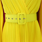 Zjkrl Sexy V-Neck Pleated Dinner Party Dress Women Yellow Elegant  with Belt Long Sleeve Robe Femme African Maxi Red Vestido