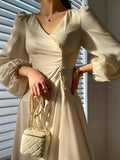 Zjkrl Elegant Dress For Women V Neck Lantern Sleeve High Waist Solid Ruched Minimalist Midi Dresses Female Clothing Style