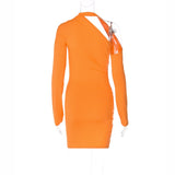 Orange Summer Mini Dress Women Sexy Hollow Out Irregular Bodycon Dress Fashion Long Sleeve Club Party Vacation Beach Outfit 2023